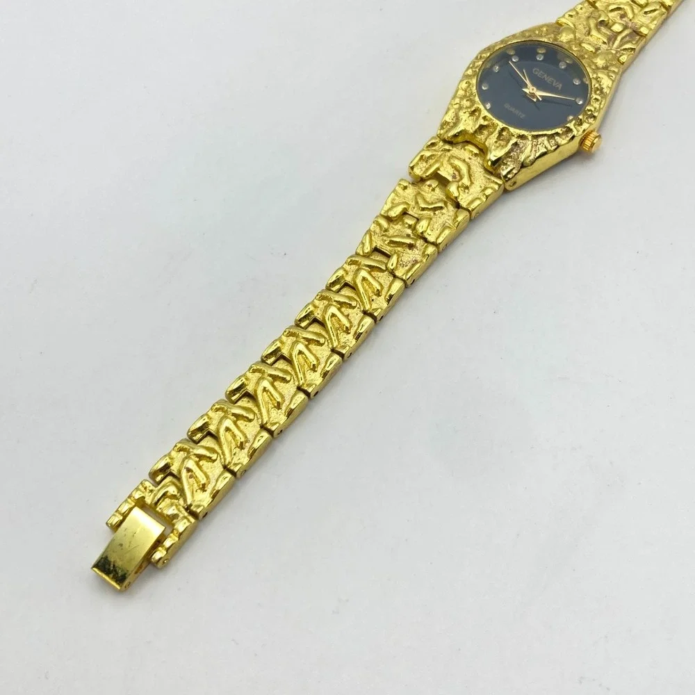 Geneva Womens Watch 24mm Gold Tone Nugget Style Band Black Dial New Battery 7.25